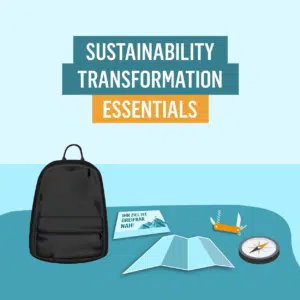 Illustration des E-Learning-Kurses 'Sustainability Transformation Essentials' der transform academy, mit Rucksack, Karte, Kompass und einem Messer als Symbole für den Lernprozess und Orientierung.