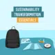 Illustration des E-Learning-Kurses 'Sustainability Transformation Essentials' der transform academy, mit Rucksack, Karte, Kompass und einem Messer als Symbole für die Lerninhalte und den Lernprozess.