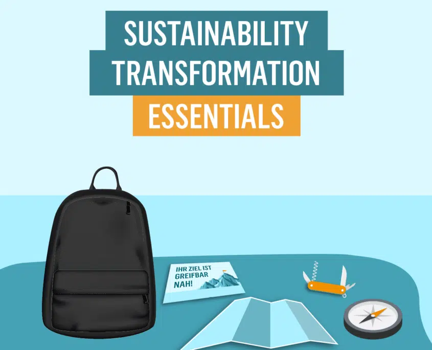 Illustration des E-Learning-Kurses 'Sustainability Transformation Essentials' der transform academy, mit Rucksack, Karte, Kompass und einem Messer als Symbole für die Lerninhalte und den Lernprozess.