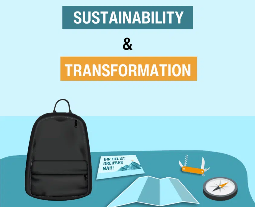Illustration des E-Learning-Kurses 'Sustainability and Transformation' der transform academy, mit Rucksack, Karte, Kompass und einem Messer als Symbole für die Lerninhalte und den Lernprozess. Das Bild stellt den E-Learning-Kurs Sustainability and Transformation der transform academy dar. Die Symbole – Rucksack, Karte, Kompass und Messer – stehen für die Werkzeuge, die Teilnehmende erhalten, um die Grundlagen der Nachhaltigkeitstransformation zu erlernen und Orientierung auf ihrem Weg zur nachhaltigen Unternehmensführung zu finden. Der Kurs vermittelt praxisnahe Strategien und Wissen in kompakten Lerneinheiten für einen erfolgreichen Einstieg
